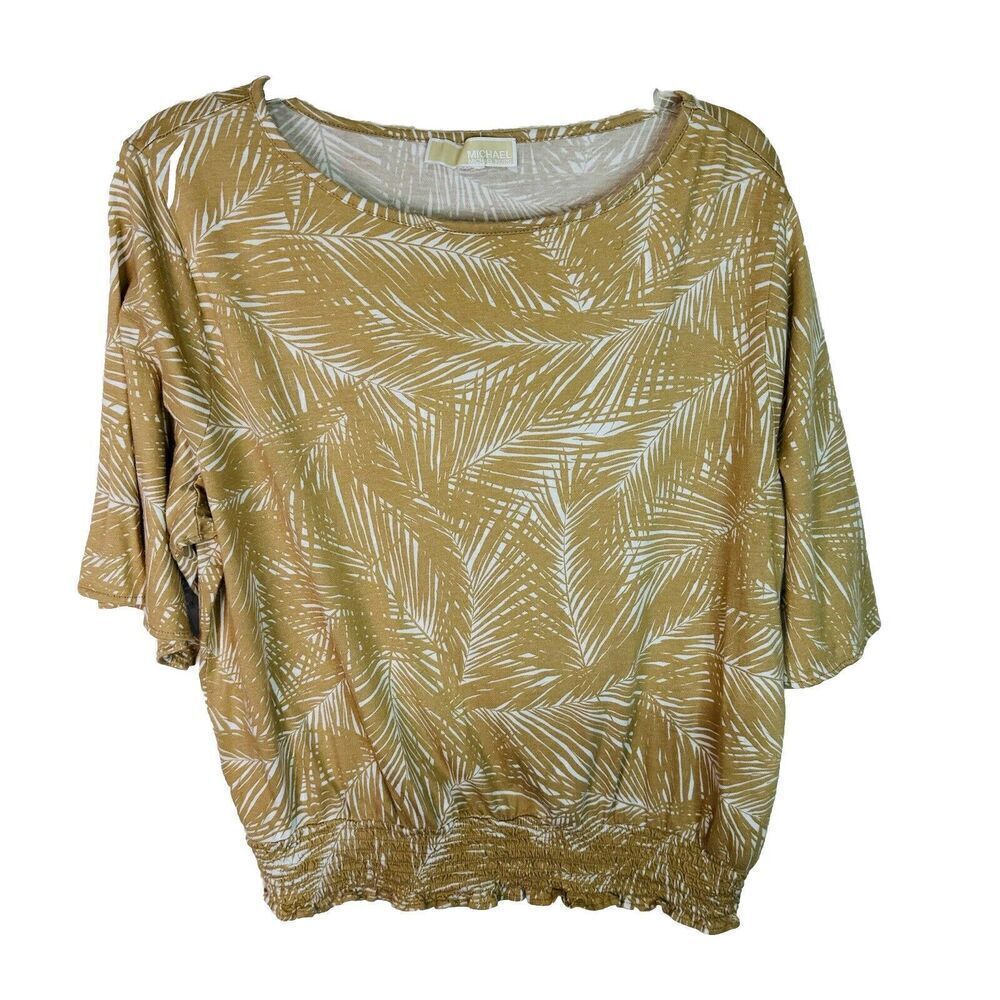 Michael Kors‎ Blouse Top Paisley Beige Smocked Waist Size M